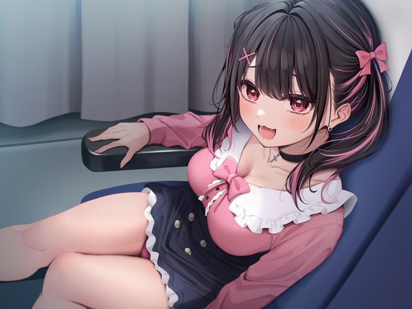 Anime picture 1926x1445 with original tansan gitune single long hair looking at viewer blush fringe highres breasts open mouth light erotic black hair smile :d pink eyes multicolored hair two-tone hair pantyshot streaked hair pantyshot sitting