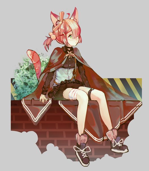 Anime picture 2800x3200 with arknights myrrh (arknights) tagme (artist) single tall image fringe highres short hair sitting green eyes animal ears looking away pink hair full body ahoge tail animal tail hair over one eye grey background girl