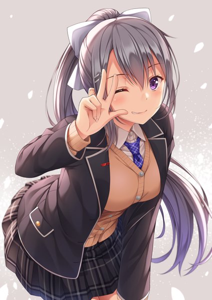 Anime picture 1412x2000 with virtual youtuber nijisanji higuchi kaede yuuri nayuta single long hair tall image blush fringe breasts hair between eyes large breasts purple eyes ponytail long sleeves parted lips pleated skirt one eye closed wink grey background