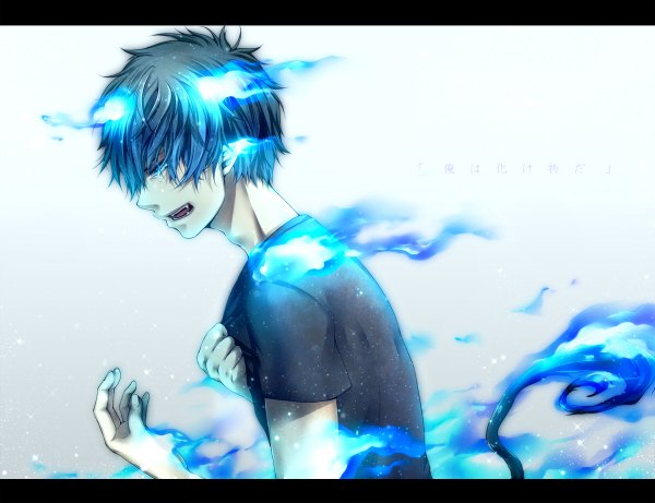 Anime picture 1200x922 with ao no exorcist a-1 pictures okumura rin kiriya (ahoka030) single open mouth blue eyes simple background blue hair profile pointy ears glowing demon tail crying boy t-shirt