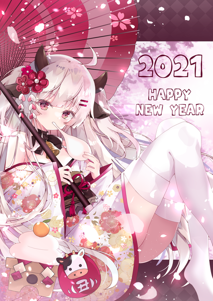 Anime picture 2039x2884 with original aoi yugina single tall image looking at viewer highres light erotic red eyes sitting animal ears ahoge white hair very long hair traditional clothes japanese clothes horn (horns) off shoulder two side up eating new year