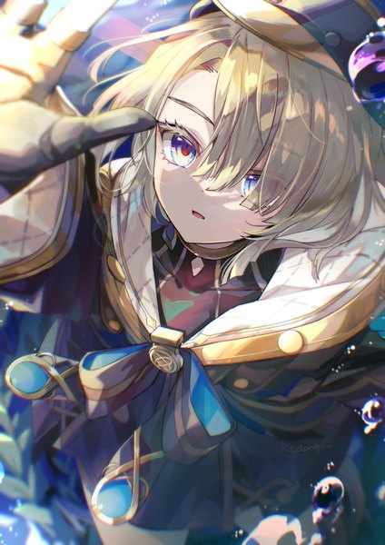 Anime picture 1736x2456 with genshin impact freminet (genshin impact) icedango (dpopic3) single tall image fringe highres short hair blue eyes blonde hair arm up hair over one eye looking up shaded face outstretched hand boy