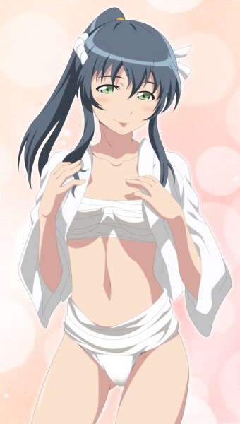 Anime picture 680x1200 with ore no imouto ga konna ni kawaii wake ga nai makishima saori smile (rz) single long hair tall image looking at viewer blush blue eyes light erotic black hair ponytail girl navel underwear panties tongue