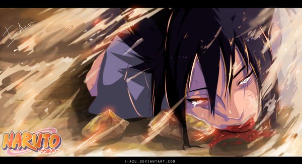 Anime picture 1700x921 with naruto studio pierrot naruto (series) uchiha sasuke i-azu single short hair black hair red eyes wide image inscription heterochromia coloring watermark letterboxed sharingan white eyes boy blood