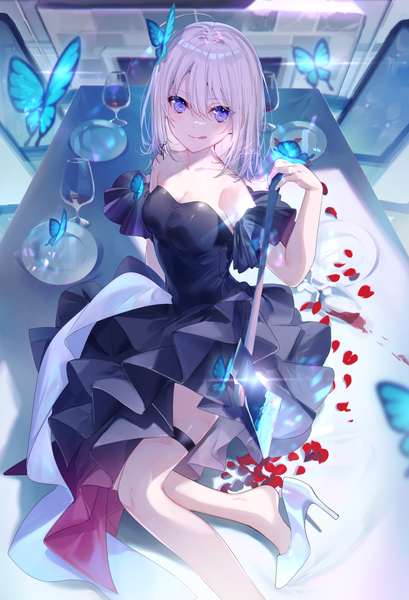 Anime picture 977x1433 with original miwano rag single tall image looking at viewer blush fringe short hair breasts smile hair between eyes sitting purple eyes holding signed silver hair bent knee (knees) indoors from above high heels