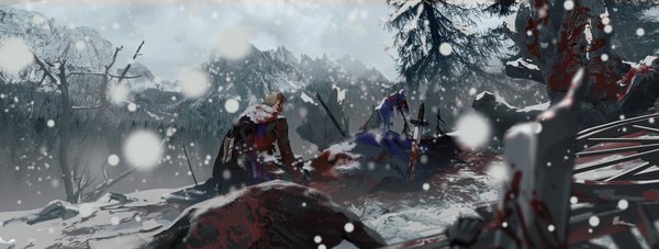 Anime picture 2704x1022 with fire emblem fire emblem: three houses nintendo dimitri alexandre blaiddyd matoba (ga6life) highres short hair blonde hair wide image sitting outdoors snowing winter mountain bare tree bloody clothes blood stains bloody weapon boy weapon