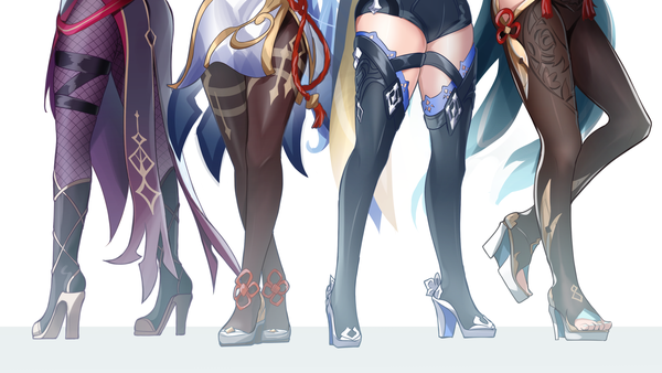 Anime-Bild 3200x1800 mit genshin impact ganyu (genshin impact) shenhe (genshin impact) eula lawrence rosaria (genshin impact) mon-chan highres light erotic simple background wide image standing white background multiple girls high heels legs thighs standing on one leg head out of frame girl thighhighs