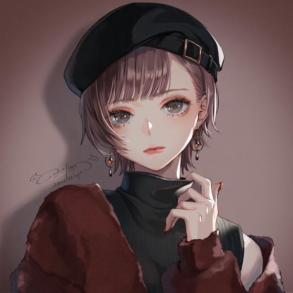 Anime picture 1800x1800 with original ao+beni single looking at viewer fringe highres short hair simple background brown hair brown eyes signed upper body long sleeves nail polish arm up fingernails shadow lipstick dated portrait