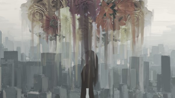 Anime picture 1280x720 with original avogado6 single long hair black hair wide image standing profile city looking up cityscape girl flower (flowers) rose (roses)
