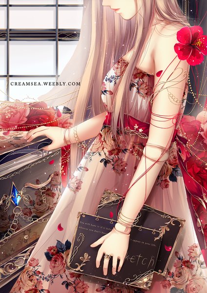 Anime picture 724x1024 with original creamsea single long hair tall image blonde hair standing bare shoulders holding signed indoors nail polish head tilt profile lips sleeveless lipstick floral print pink lipstick pink nail polish