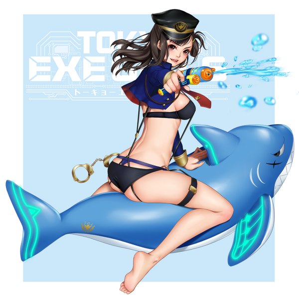 イラスト 1200x1200 と tokyo exe girls 柾見ちえ ソロ 長髪 おっぱい 開いた口 light erotic 黒髪 茶目 copyright name back 女の子 水着 ビキニ (水着) ネクタイ 黒ビキニ ピークキャップ handcuffs water gun inflatable toy