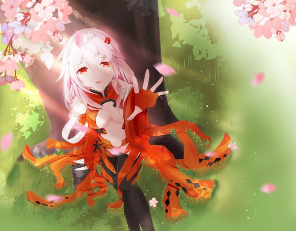Anime picture 4031x3149 with guilty crown production i.g yuzuriha inori hate ani hikae single long hair highres breasts light erotic red eyes pink hair absurdres parted lips sunlight tears cherry blossoms outstretched hand crying sunbeam girl