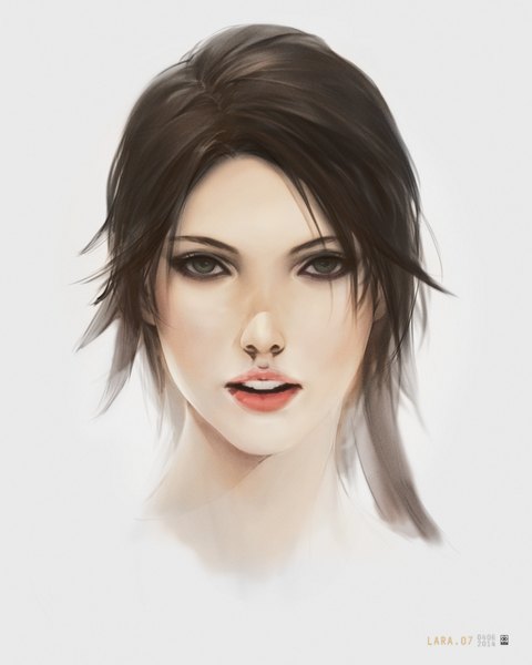 Anime picture 1000x1250 with tomb raider lara croft plusnine single long hair tall image looking at viewer blush open mouth black hair simple background ponytail parted lips lips black eyes realistic teeth portrait girl