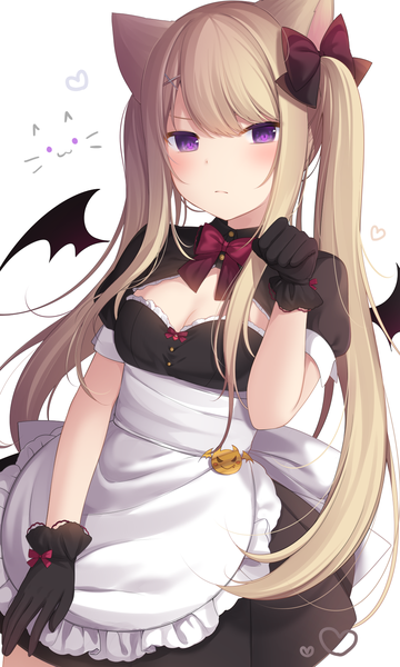 Anime-Bild 1000x1667 mit original nachi single long hair tall image looking at viewer blush fringe breasts simple background blonde hair hair between eyes standing white background purple eyes twintails animal ears payot cleavage cat ears
