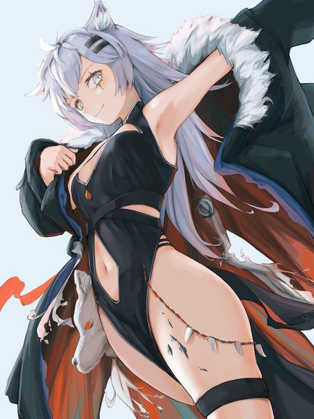 Anime picture 800x1066 with arknights lappland (arknights) eyyy single long hair tall image looking at viewer light erotic simple background smile standing animal ears silver hair ahoge open jacket from below alternate costume fur trim scar silver eyes