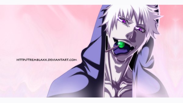 Anime picture 1000x562 with bleach studio pierrot kurosaki ichigo tremblax looking at viewer wide image purple eyes signed white hair coloring letterboxed pink background pale skin naked shirt boy hood lollipop