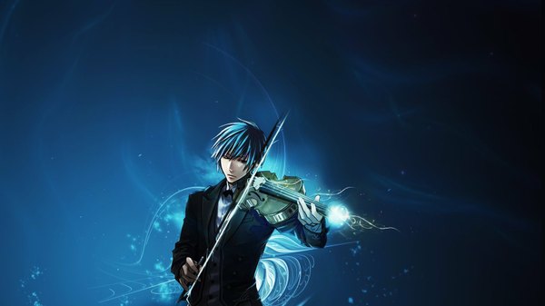 Anime picture 1600x900 with vocaloid kaito (vocaloid) single short hair wide image blue hair playing instrument boy bowtie suit musical instrument violin bow (instrument)