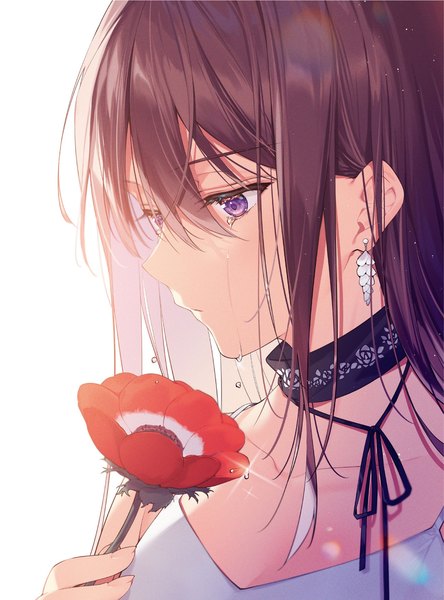 Anime picture 1421x1920 with original necomi (gussan) single long hair tall image blush fringe breasts simple background hair between eyes brown hair white background purple eyes upper body scan tears looking down portrait crying girl
