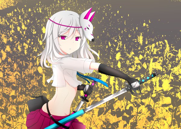 Anime picture 3400x2428 with original harujiya (setugetuka) single long hair looking at viewer fringe highres light erotic hair between eyes holding absurdres white hair pleated skirt pink eyes :o midriff outstretched arm mask on head floral background girl