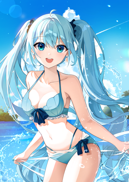 Anime-Bild 4960x7016 mit vocaloid hatsune miku nanna (heyj2888) single long hair tall image looking at viewer fringe highres breasts light erotic smile hair between eyes standing twintails absurdres sky cloud (clouds) ahoge outdoors