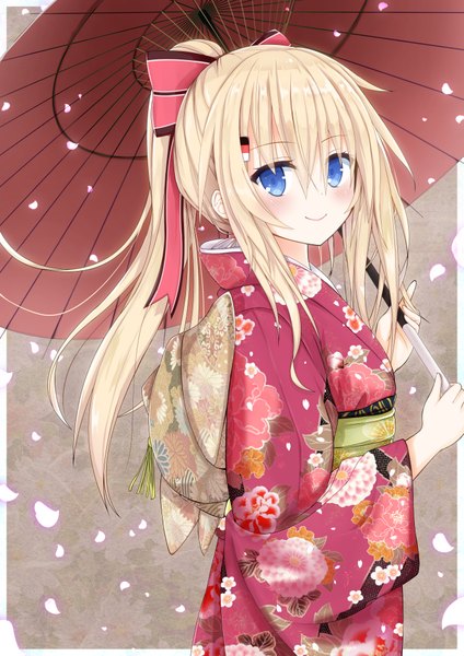 Anime picture 2894x4093 with kantai collection bismarck battleship yamiarisu single long hair tall image looking at viewer blush highres blue eyes blonde hair smile ponytail traditional clothes japanese clothes girl bow hair bow petals kimono