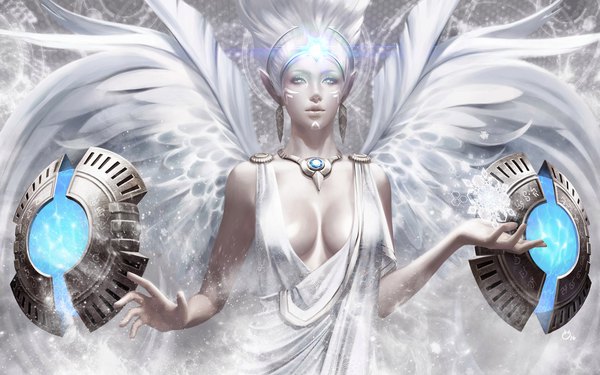 Anime picture 1920x1200 with tera online caribou (artist) single long hair highres blue eyes light erotic cleavage white hair parted lips lips pointy ears sleeveless snowing snow white wings glow face paint girl earrings