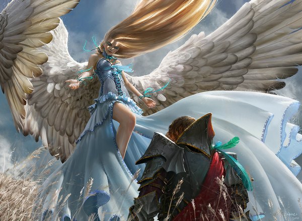 Anime picture 1000x731 with magic: the gathering restoration angel johannes voss long hair blonde hair brown hair bare shoulders eyes closed no bra official art back eyeshadow angel girl boy bow ribbon (ribbons) plant (plants) wings armor
