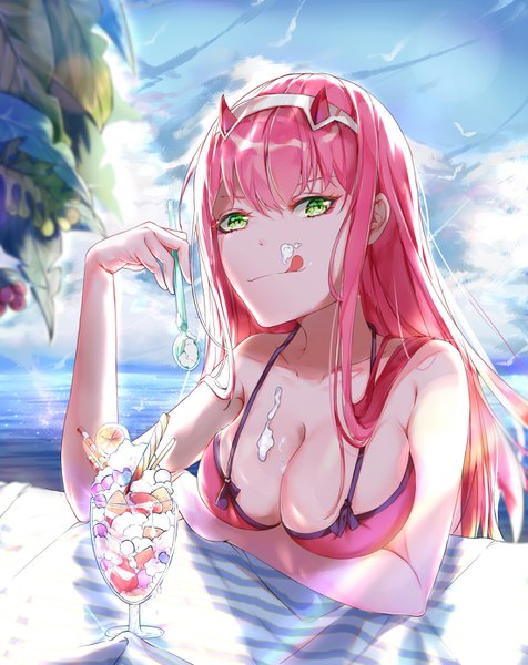 Anime picture 1104x1390 with darling in the franxx studio trigger zero two (darling in the franxx) suyi-j single long hair tall image looking at viewer fringe breasts light erotic smile hair between eyes large breasts standing holding green eyes pink hair sky cloud (clouds)