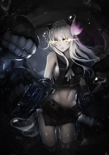 Anime picture 1061x1500 with kantai collection kisaragi destroyer bba1985 single long hair tall image looking at viewer breasts light erotic yellow eyes white hair no bra midriff sideboob glowing glowing eye (eyes) underwater white skin alternate form girl