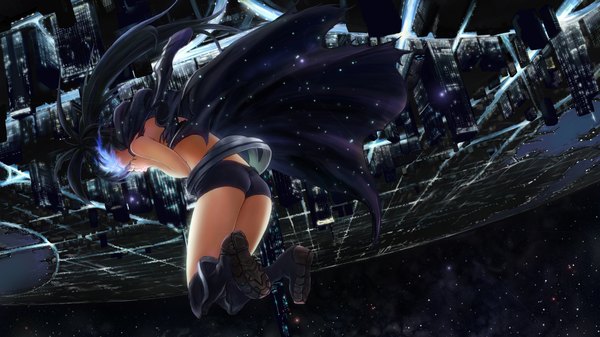 Anime picture 1958x1100 with black rock shooter black rock shooter (character) yuuhi (at-speakeasy) single long hair highres black hair wide image twintails eyes closed city glowing glowing eye (eyes) girl shorts boots cloak bikini top