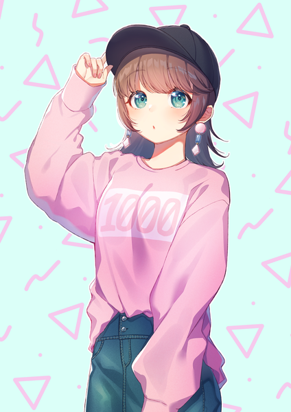 Anime picture 1061x1500 with original moyui (myi 005) single long hair tall image looking at viewer blush fringe open mouth simple background brown hair standing blunt bangs long sleeves nail polish arm up aqua eyes adjusting hat pink nail polish girl