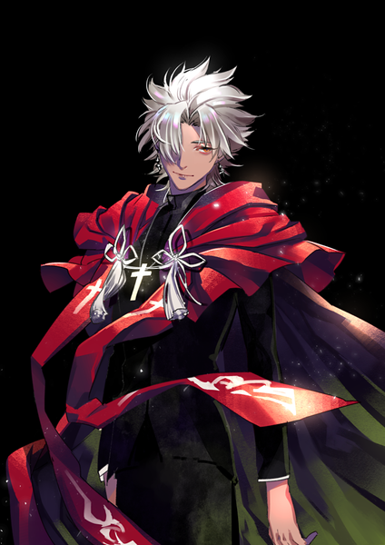 Anime picture 744x1052 with fate (series) fate/apocrypha amakusa shirou (fate) tenobe single tall image fringe short hair simple background red eyes looking away silver hair hair over one eye black background boy earrings tassel cross cross necklace