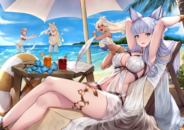 Anime picture 1200x848 with granblue fantasy korwa (granblue fantasy) the order grande metera (granblue fantasy) sutera (granblue fantasy) pak ce long hair looking at viewer blush fringe short hair breasts open mouth blue eyes light erotic blonde hair smile hair between eyes brown hair large breasts