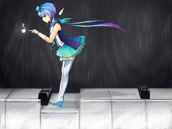 Anime-Bild 1024x768 mit vocaloid aoki lapis single long hair blue eyes twintails bare shoulders looking away light smile rain music girl skirt gloves uniform wings choker scarf musical note