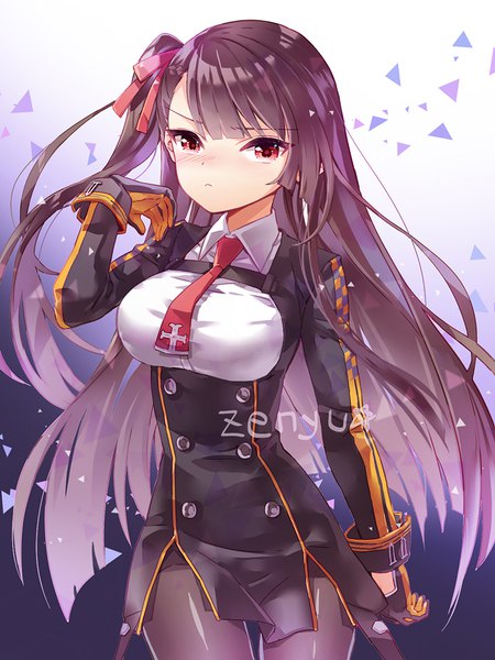 Anime-Bild 800x1067 mit girls frontline wa2000 (girls frontline) zenyu single long hair tall image looking at viewer blush fringe breasts light erotic red eyes large breasts signed purple hair long sleeves one side up gradient background adjusting hair >:(