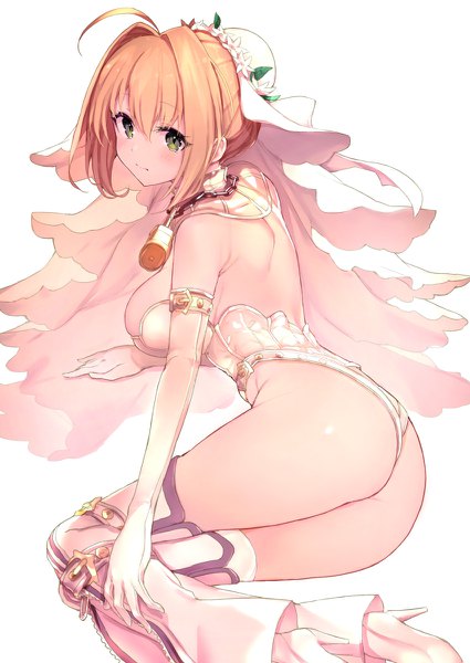 Anime picture 850x1200 with fate (series) fate/extra fate/extra ccc nero claudius (fate) (all) nero claudius (bride) (fate) haishiki single tall image looking at viewer blush fringe short hair breasts light erotic blonde hair simple background hair between eyes white background green eyes payot