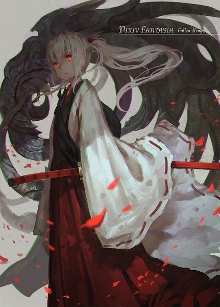Anime picture 1000x1391 with original pixiv fantasia pixiv fantasia fallen kings cancer (zjcconan) single long hair tall image looking at viewer white hair ponytail long sleeves traditional clothes japanese clothes inscription wide sleeves girl petals statue