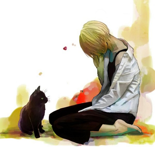 Anime picture 1082x1026 with original ichihara short hair blonde hair sitting barefoot open clothes open shirt no face boy animal shirt heart cat