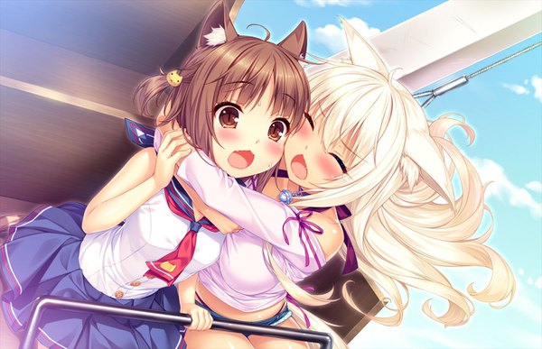 Anime picture 1280x826 with neko paradise neko works (studio) coconut (sayori) azuki (sayori) sayori long hair looking at viewer blush fringe short hair open mouth blonde hair brown hair multiple girls brown eyes animal ears payot game cg sky cloud (clouds)