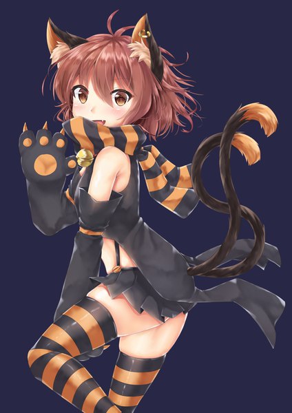 Anime picture 2480x3508 with touhou chen akiteru98 single tall image looking at viewer fringe highres short hair open mouth light erotic simple background smile hair between eyes brown hair bare shoulders brown eyes animal ears ahoge tail