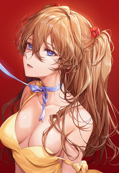 Anime picture 1376x2000 with neon genesis evangelion gainax soryu asuka langley pillo single long hair tall image fringe breasts open mouth blue eyes light erotic simple background hair between eyes large breasts bare shoulders looking away upper body :d orange hair