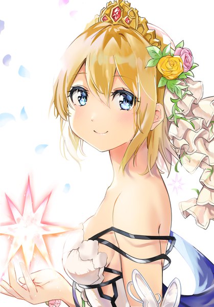 Anime picture 1005x1439 with granblue fantasy europa (granblue fantasy) sakuno rika single tall image looking at viewer blush fringe short hair breasts blue eyes simple background blonde hair smile hair between eyes white background payot upper body hair flower light smile