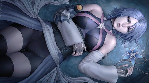 Anime picture 1340x754 with kingdom hearts square enix aqua (kingdom hearts) sciamano240 single fringe short hair breasts blue eyes light erotic wide image bare shoulders signed blue hair looking away lying parted lips from above realistic on back