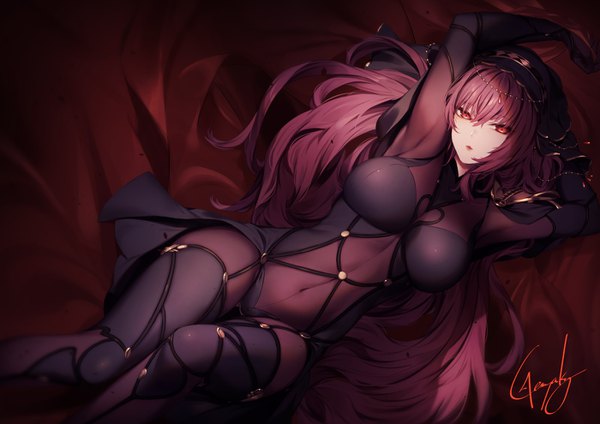 Anime picture 1400x990 with fate (series) fate/grand order scathach (fate) (all) scathach (fate) kyouya (mukuro238) single long hair looking at viewer fringe breasts light erotic hair between eyes red eyes large breasts signed purple hair bent knee (knees) lying head tilt from above