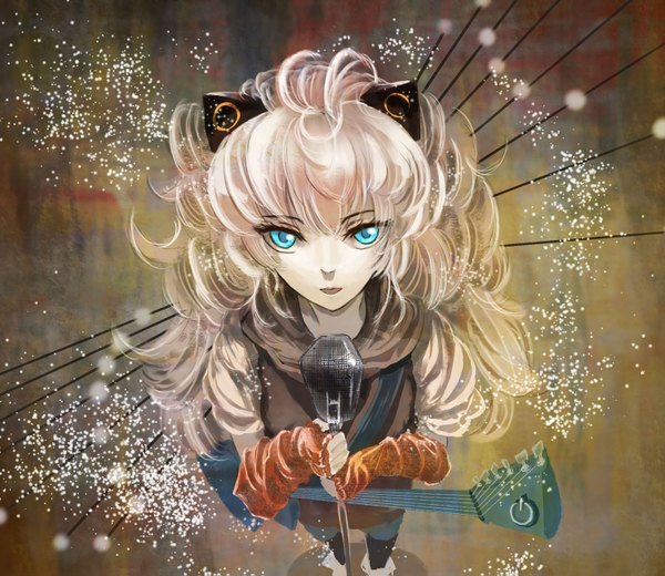 Anime picture 1473x1279 with vocaloid seeu single long hair looking at viewer open mouth blonde hair animal ears aqua eyes girl gloves detached sleeves microphone musical instrument guitar microphone stand speakers bass guitar