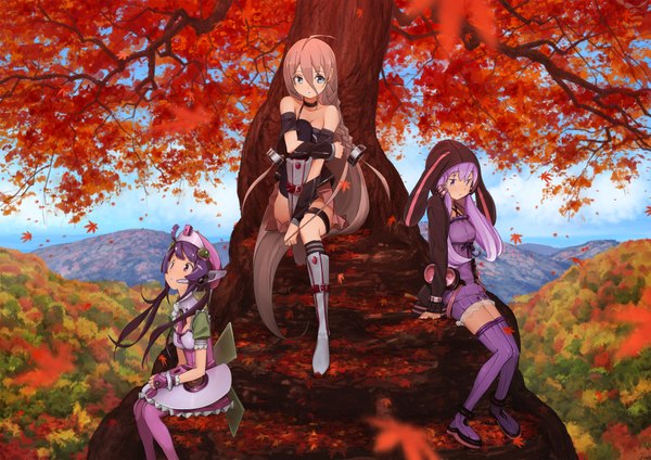 Anime picture 2000x1414 with vocaloid ia (vocaloid) yuzuki yukari tone rion domo1220 long hair fringe highres sitting purple eyes twintails bare shoulders purple hair braid (braids) very long hair pleated skirt aqua eyes low twintails looking down looking up