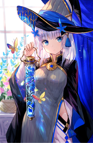 Anime-Bild 825x1273 mit original fuzichoco single tall image looking at viewer blush fringe short hair breasts blue eyes large breasts standing holding silver hair indoors blunt bangs long sleeves head tilt arm up hair flower