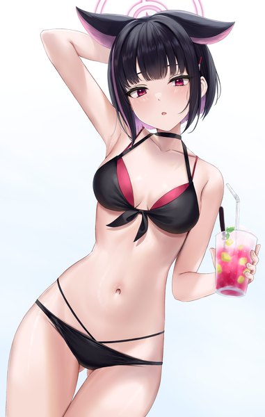 Anime picture 2250x3541 with blue archive kazusa (blue archive) rama (yu-light8) single tall image looking at viewer blush fringe highres short hair breasts open mouth light erotic black hair simple background red eyes standing white background holding animal ears
