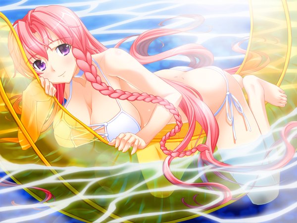 Anime picture 1024x768 with precious summer vacation! (game) long hair breasts light erotic smile large breasts purple eyes pink hair game cg braid (braids) afloat girl swimsuit bikini white bikini inflatable toy banana boat