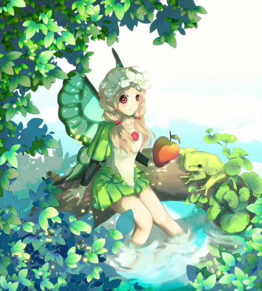 Anime picture 1800x2000 with odin sphere vanillaware mercedes (odin sphere) ingway (odin sphere) elska0813 long hair tall image highres blonde hair smile red eyes hair flower insect wings butterfly wings girl hair ornament wings water apple frog